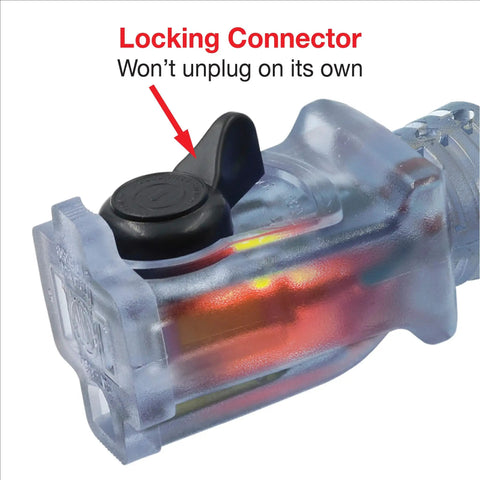 Beefy Heavy Duty 25 Foot 12 Gauge Three Conductor SJEOW TPE Rubber Extension Cord with lighted locking connector close-up.