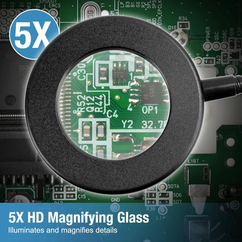 Four Arm Soldering Gear With 5X Magnifier And Light, showing magnified view of a circuit board, used for precise welding and assembly.
