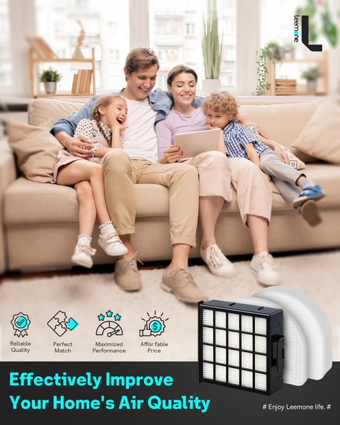 Family sitting on sofa with Replacement Shark PowerDetect Vacuum Filter Kit For AZ4000 AZ4000C AZ4002 AZ4002W shown.