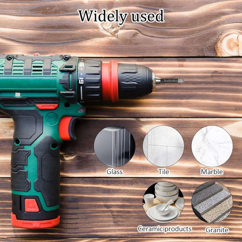 Cordless drill with 6mm diamond core tile bit; 5-piece dry diamond drill bit set for tile, granite, marble, ceramic, glass.