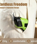 Cordless Electric Fabric Scissors With Rechargeable Power Shears Features A Solid Grip stored in pocket, showcasing ergonomic design and compact size.