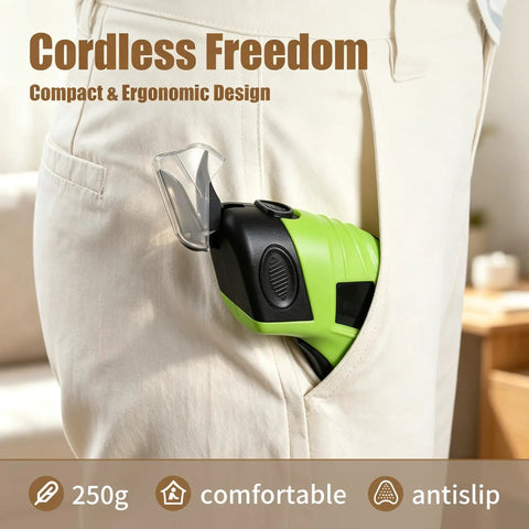 Cordless Electric Fabric Scissors With Rechargeable Power Shears Features A Solid Grip stored in pocket, showcasing ergonomic design and compact size.