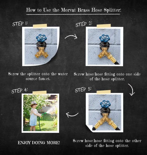Morvat brass 2-way hose splitter with blue ON/OFF valves attached to faucet; includes washers and teflon tape.