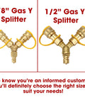 Comparison of 3/8 Inch and 1/2 Inch Gas Y Splitter For Propane Hoses With Brass 2 Way Tee Quick Connect Adapters