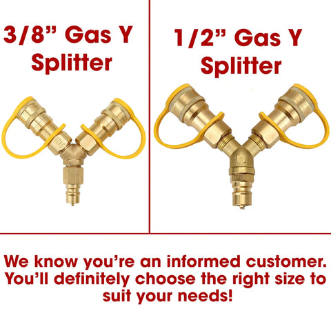 Comparison of 3/8 Inch and 1/2 Inch Gas Y Splitter For Propane Hoses With Brass 2 Way Tee Quick Connect Adapters
