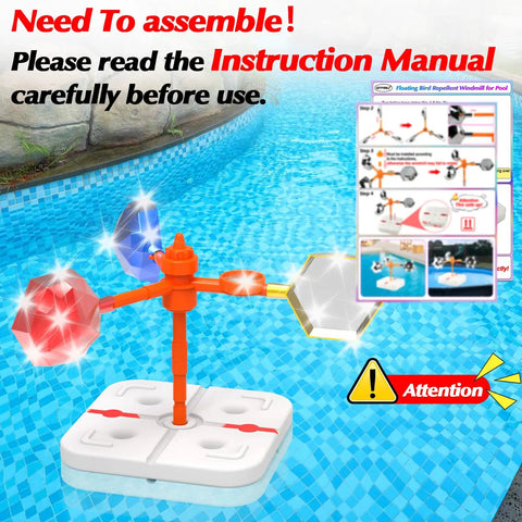 Floating Reflective Windmill Bird Deterrent For Pools And Yards Keeps Ducks Geese Pigeons Crow And More Away With Flashing Red And Silver Disturbance And Moving Visuals For Boats Roofs Gardens Backyards, shown in a pool with assembly instructions.