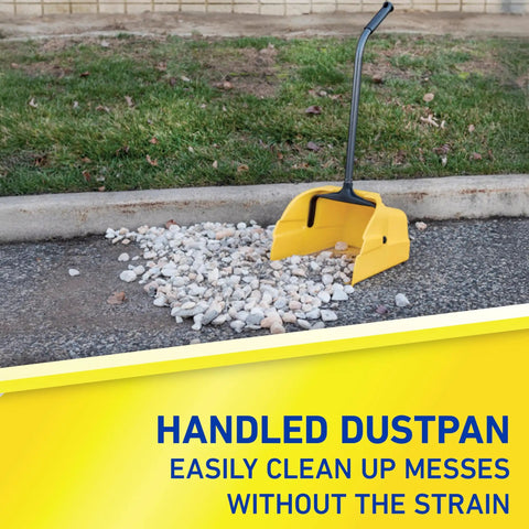 Jumbo Debris Dustpan With Handle for Industrial Cleanup by curb filled with rocks, ergonomic grip, reinforced steel handle