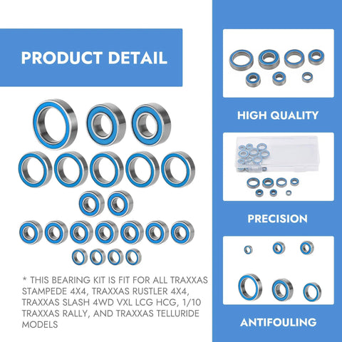 21 Pcs Beefy Heavy Duty Silver Blue RC Bearing Kit Rustproof Steel Sealed Ball Bearings For Traxxas Slash Stampede 4x4 4WD