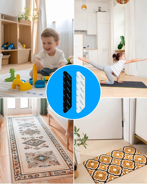 Reusable Rug Grippers Set For Hardwood Floors And Carpet in use with child playing, yoga, and rugs on different surfaces.