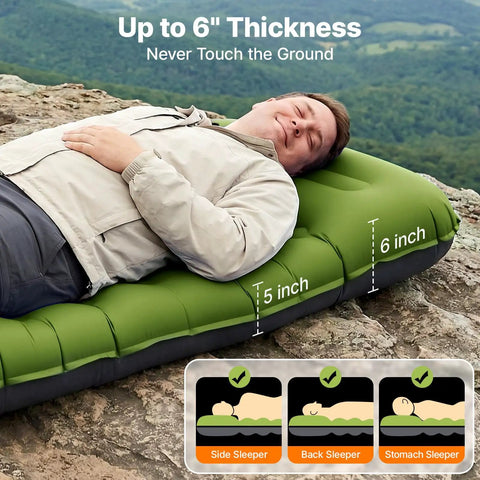 Ultralight Inflatable Sleeping Pad With Built In Pillow And Foot Pump For Camping, 6 Inch Thick, in use outdoors on rocks.