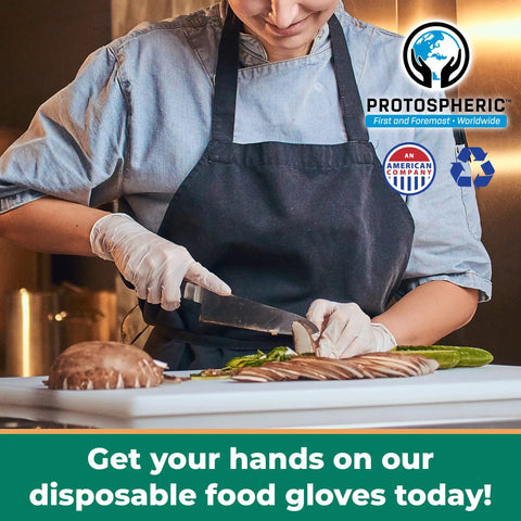 Zero Drama Disposable Poly Gloves For Food Prep And Slick Kitchen Grade Safety Gear used by chef while slicing vegetables.