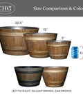 Outdoor Whiskey Barrel Planter Set Of 2 Made From Resin In Walnut Brown With UV Coating And Drainage Holes, 20.5 inch size shown