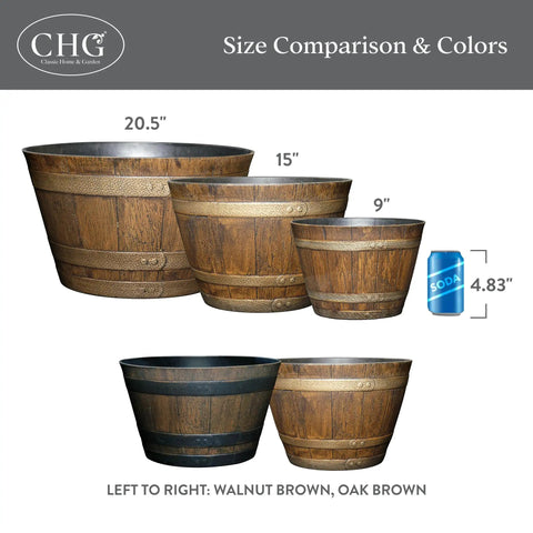 Outdoor Whiskey Barrel Planter Set Of 2 Made From Resin In Walnut Brown With UV Coating And Drainage Holes, 20.5 inch size shown