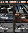 Image showing materials the Dual Voltage Pro Grade Plasma Cutter can cut: carbon steel, iron, alloy steel, copper, aluminum, stainless steel.