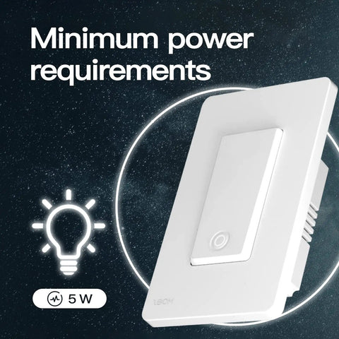No Neutral Required Smart Switch No Hub Needed 2 4GHz Wi Fi Single Live Wire Capacitor Free Tuya Smart Life App Control Works With Alexa 5W Min Load White Ultra Safe shown on starry background focusing on minimum power requirements and 5W load.