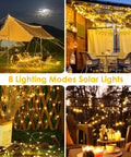 Extra Long 144 Ft Solar String Lights Outdoor 2 Pack 400 LED Copper Wire With 8 Modes Waterproof IP65 Warm White Fairy Lights illuminating various outdoor scenes