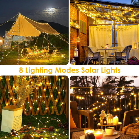 Extra Long 144 Ft Solar String Lights Outdoor 2 Pack 400 LED Copper Wire With 8 Modes Waterproof IP65 Warm White Fairy Lights illuminating various outdoor scenes