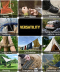 Various uses of Tough As Nails Paracord Rope 750 Lb Tensile Strength 4Mm for camping, repair, and outdoor activities.