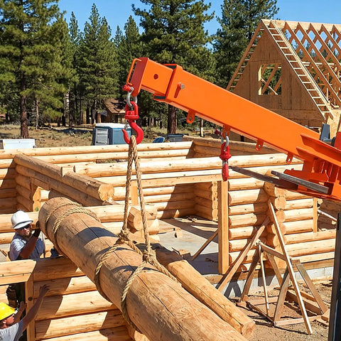 Built Tough Fork Mounted Jib Crane Boom Lift 6613 Lbs Capacity lifting logs in construction site with dual swivel hooks.
