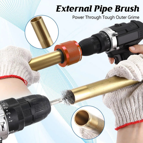 Copper Pipe Cleaner Drill Set With Pro Grade Durable Aluminum Housing in use on metal pipes with wire bore brushes