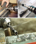 Close-up of heavy duty three eighths inch sheet metal spot weld cutter kit for auto body work in action on metal surfaces