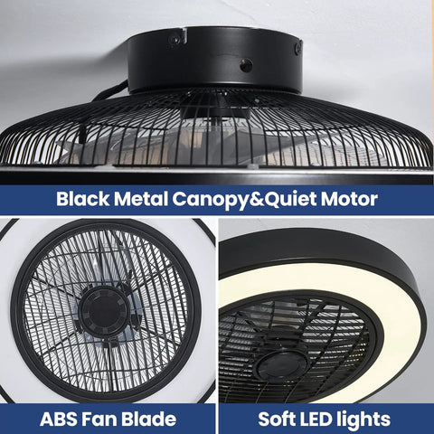 Bladeless Ceiling Fan With Lights 20 Inch Enclosed Black Dimmable Remote for Dining Room and Bedroom, close-up design details.