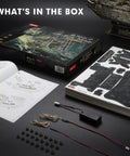 LED Flying Dutchman 3D Puzzle for Adults 360 Piece Ship Model unboxed contents with manual, sheets, and parts.