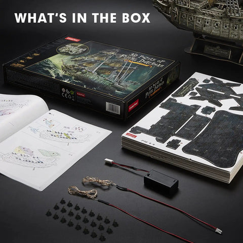 LED Flying Dutchman 3D Puzzle for Adults 360 Piece Ship Model unboxed contents with manual, sheets, and parts.
