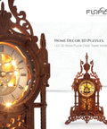 Close-up of LED 3D Wood Puzzle Clock Tower Kit for Adults with illuminated clock face and ornate wooden design.