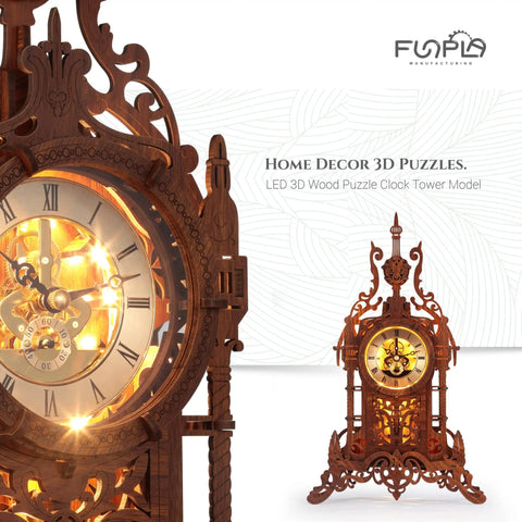Close-up of LED 3D Wood Puzzle Clock Tower Kit for Adults with illuminated clock face and ornate wooden design.