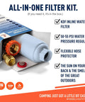RV inline water filter kit with white canister, orange adjustment knob, brass fittings and red gasket.