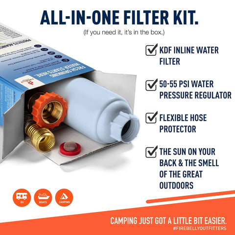RV inline water filter kit with white canister, orange adjustment knob, brass fittings and red gasket.