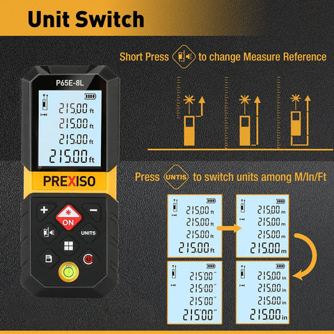 Laser Distance Measurer With 215 Ft Range, Diagonal Measuring Extension, And Mute Beep For Quiet Spaces, 100 Group Memory And Add Subtract Calculations, Ideal For Builders, Contractors, And DIYers. Unit switch display