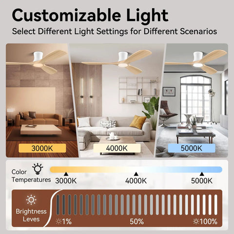 52 Inch Wood Flush Mount Ceiling Fan With Lights And Remote No Hassle Quiet DC Motor Indoor Outdoor Ultra Low Profile White Modern Ceiling Fan That Works With Alexa And WiFi App showcasing customizable LED light settings for different scenarios.