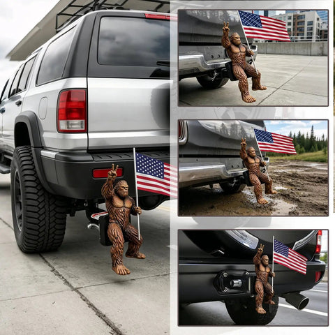 Bigfoot Patriotic Hitch Cover For 2 Inch Receivers, Funny American Flag Design on SUV, shown from various angles