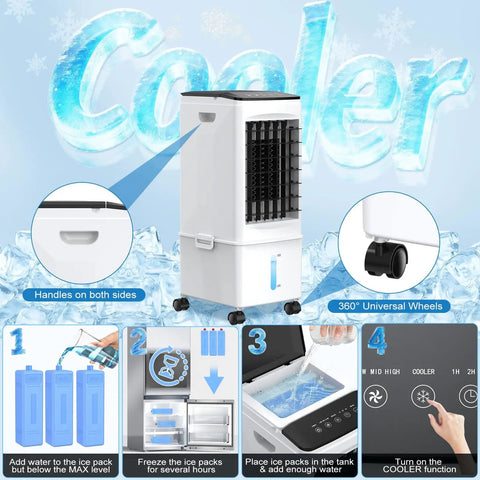 Portable Evaporative Cooler With Remote And Timer 60W Quiet 4 In 1 Swamp Cooler with wheels and handle, among ice packs and controls.