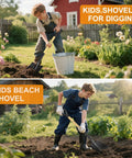 Child using a shovel in a garden for digging and playing, wearing boots and overalls with a focus on All In One 41 Inch Round Point Shovel With D Handle And Cold Rolled Steel Blade Tough Workhorse For Digging Edging Trenching Transplanting Snow Removal Camping Beach And Car Emergency.