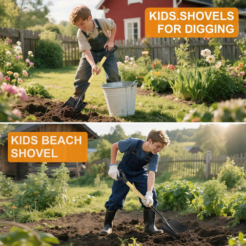 Child using a shovel in a garden for digging and playing, wearing boots and overalls with a focus on All In One 41 Inch Round Point Shovel With D Handle And Cold Rolled Steel Blade Tough Workhorse For Digging Edging Trenching Transplanting Snow Removal Camping Beach And Car Emergency.
