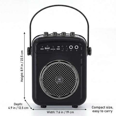 Front view of 70W Portable PA Voice Amplifier For Classrooms, Public Speaking, And Karaoke With Wireless UHF Handheld Mic Bluetooth 5.3 USB TF AUX Guitar Input Rugged Metal Black S100 showing size dimensions