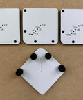 Must Have Cutting Board Foot Jig For Woodworking That Delivers Fast Precise Marking Drilling Or Punching One Eighth Inch Holes With A Heavy Duty 7mm Phenolic Locating Plate Built To Last, showing top view of plates and jig parts on a surface.