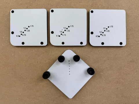 Must Have Cutting Board Foot Jig For Woodworking That Delivers Fast Precise Marking Drilling Or Punching One Eighth Inch Holes With A Heavy Duty 7mm Phenolic Locating Plate Built To Last, showing top view of plates and jig parts on a surface.