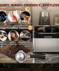 Automatic Electric Portafilter Puck Cleaner With Scrapers And Brush Heads For 51MM And 58MM Espresso Machines, shown on a kitchen counter.