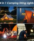 2 Pack Camping String Lights 4 In 1 Camp Light With 8 Modes illuminating tents, campsite, and work area at night.