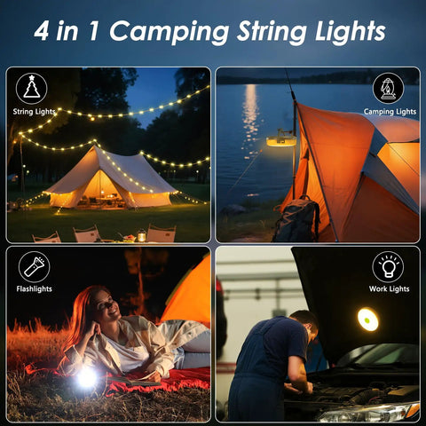 2 Pack Camping String Lights 4 In 1 Camp Light With 8 Modes illuminating tents, campsite, and work area at night.