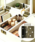 270 Degree Three Fold Half Surface Hinges Set Dope Durable Iron Retro Cabinet Hinges For Jewelry Boxes Chests Furniture And DIY Projects With Screws Bronze Finish in use on a white storage box with cosmetics