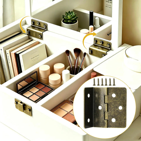 270 Degree Three Fold Half Surface Hinges Set Dope Durable Iron Retro Cabinet Hinges For Jewelry Boxes Chests Furniture And DIY Projects With Screws Bronze Finish in use on a white storage box with cosmetics
