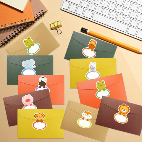 135 Jungle Animal Name Tag Stickers For Kids And Students on colorful envelopes, featuring various animal designs like lion and elephant.