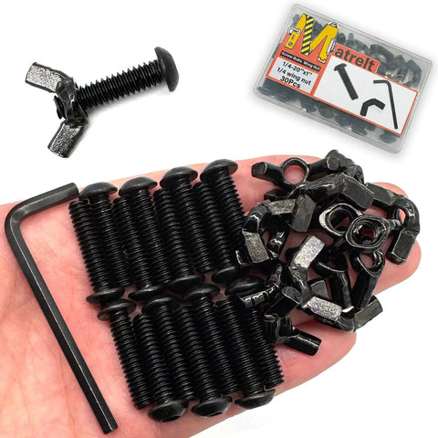 Black One Quarter Twenty Thread Wing Nut And Button Head Socket Cap Screw Kit With Hex Key Includes Fifteen Wing Nuts And Fifteen Screws In A Clear Box Hand Tighten Hardware Fasteners Grab And Go Set displayed in hand