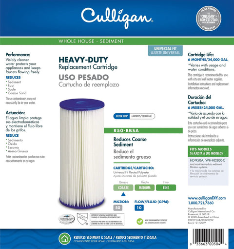 Replacement Whole House Water Filter Cartridge 50 Micron 10x4.5 Inch Long Lasting Filter product packaging