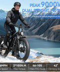 Man riding Beast Dual Motor Electric Bike for Adults with 52V 34Ah Battery on snow-covered mountain path.